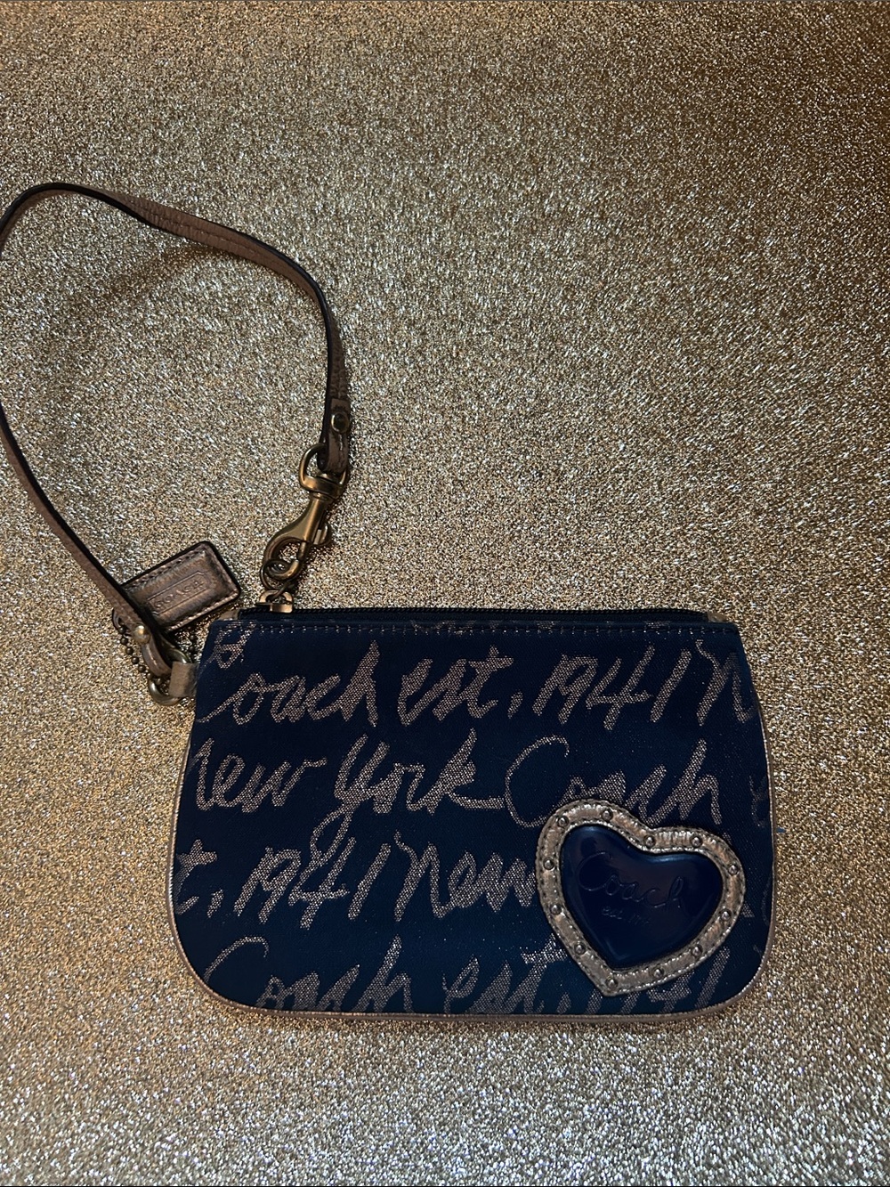 Coach Navy Script Heart Wristlet with Brown Strap